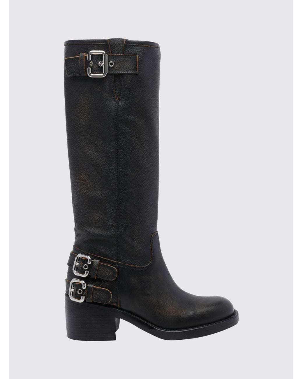 Chloé Black ChloÉ Dakota Grained Calfskin Knee-High Biker Boots With Straps