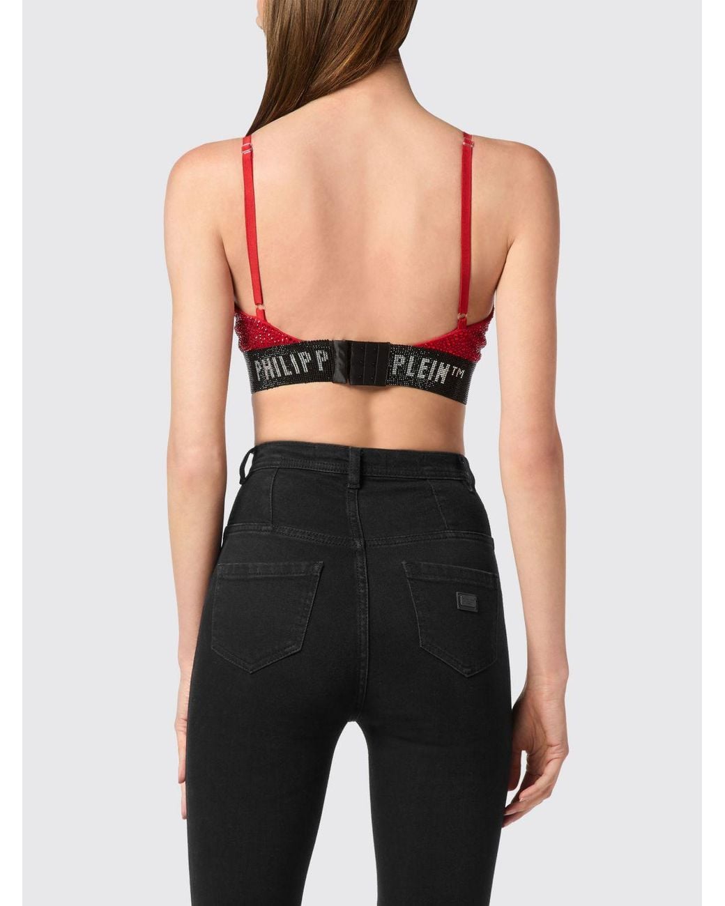 Philipp Plein Black Cropped Top With Thin Straps And Rhinestone Logo
