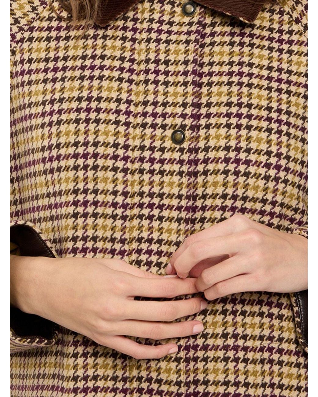 Twinset Natural Single-Breasted Short Houndstooth Wool Blend Coat With Velvet Collar