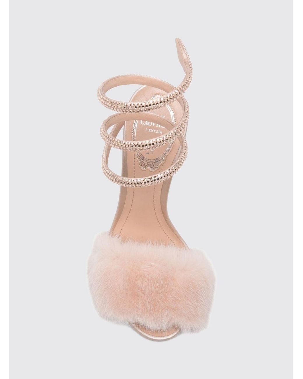 Rene Caovilla Natural Margot Leather Sandals With Stiletto Heel And Crystal Snake Strap
