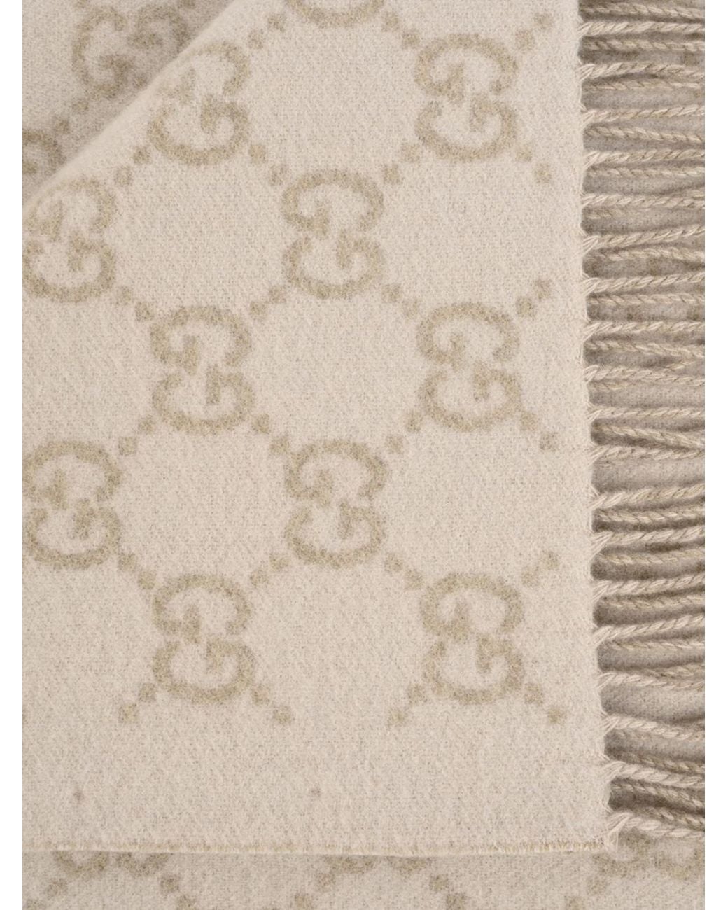 Gucci Natural Gg Monogram Pure Cashmere Scarf With Fringed Edges