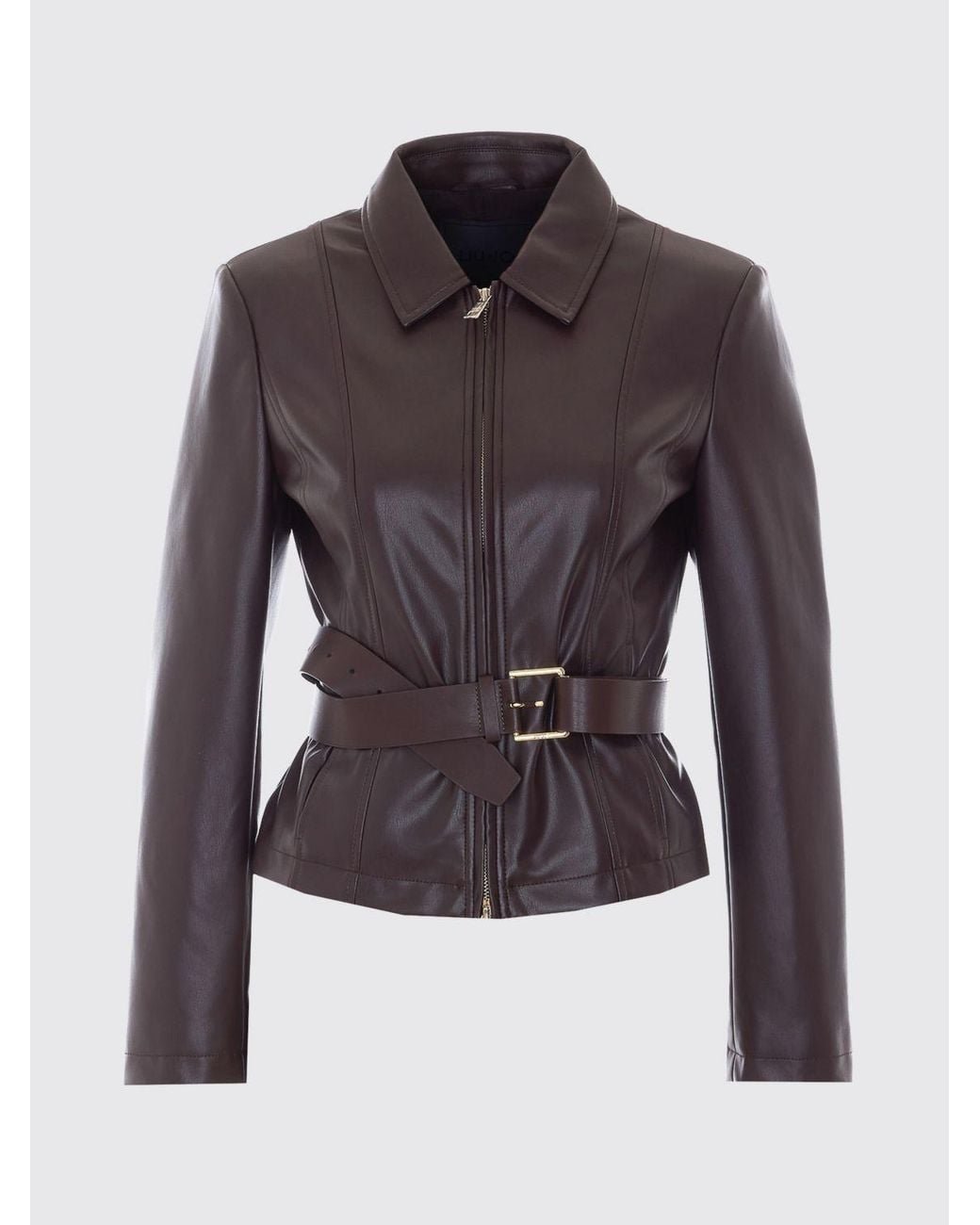 Liu Jo Brown Cropped Shirt-Style Faux Leather Jacket With Waist Belt By