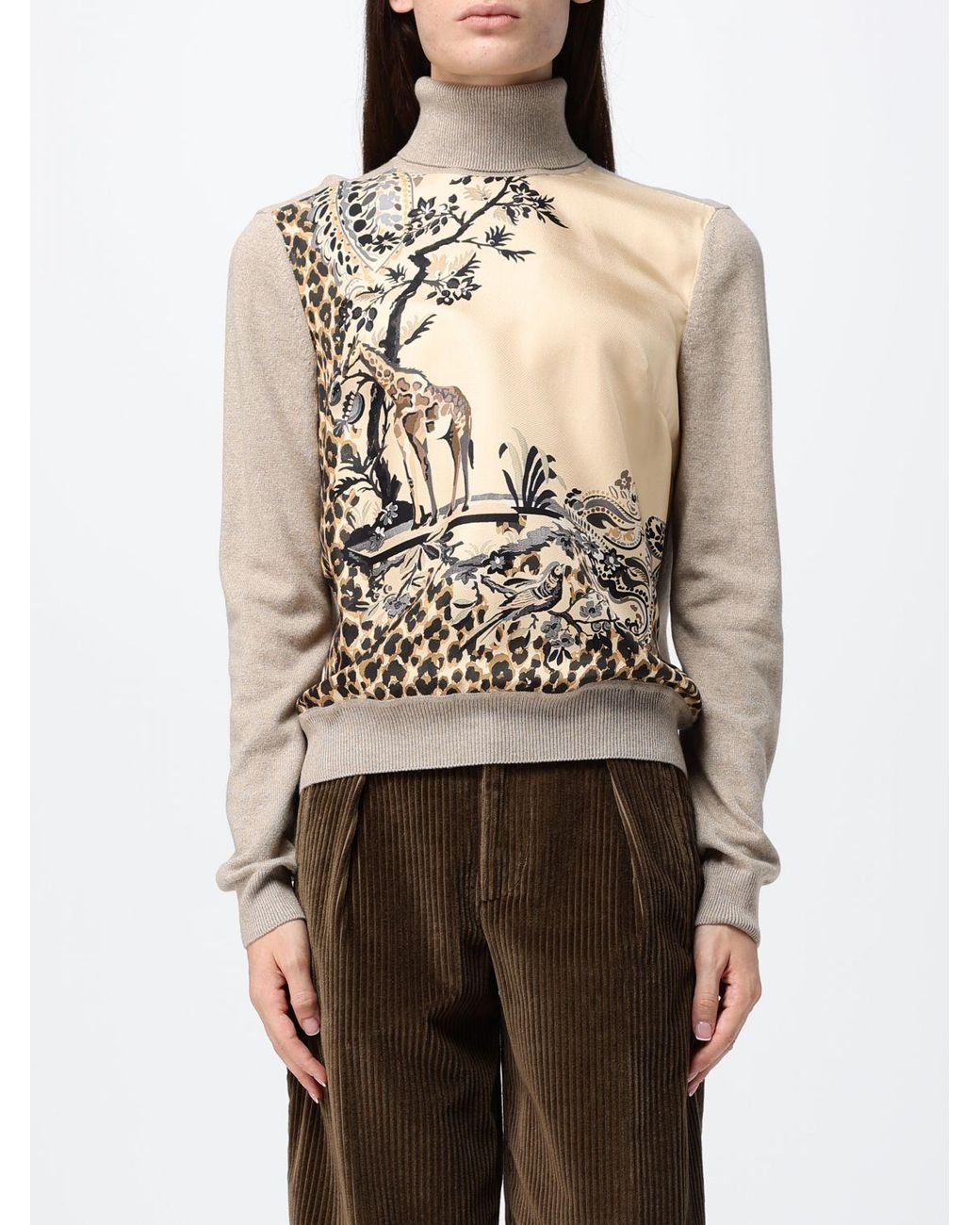 Etro Natural Fauna Graphic Print Wool And Cashmere Blend Turtleneck Jumper