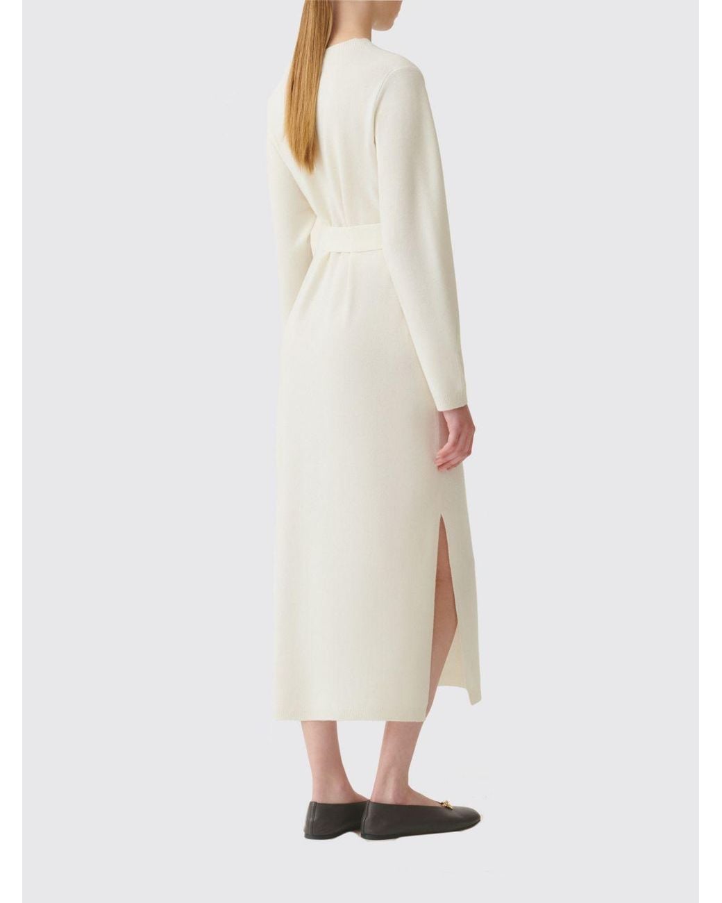 Fabiana Filippi White Wool And Cashmere Blend Midi Knit Dress With Waist Belt