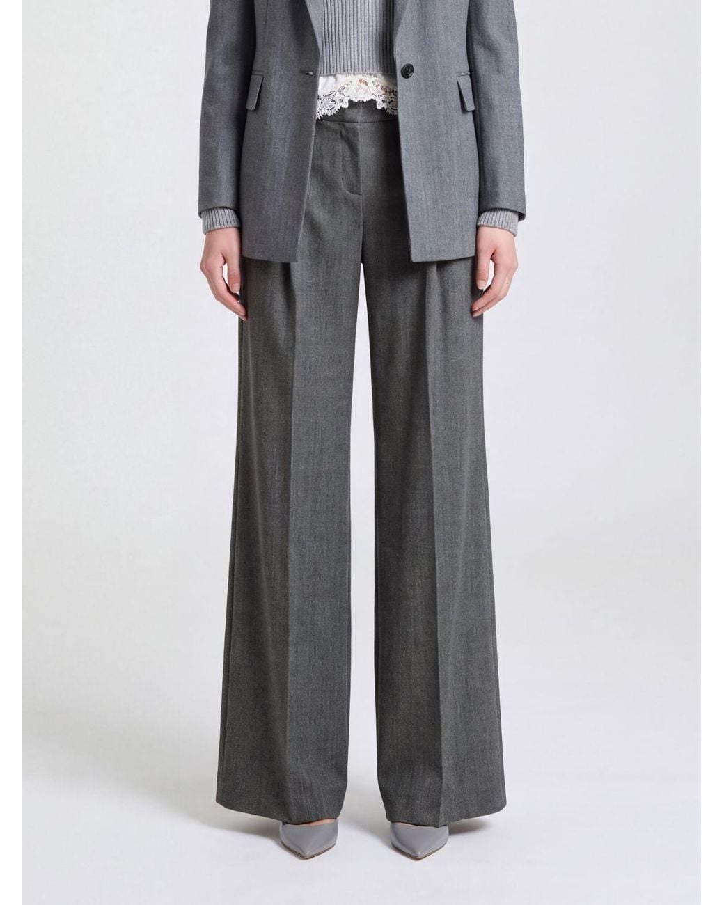 Ermanno Scervino Gray High-Waisted Wide-Leg Chevron Trousers