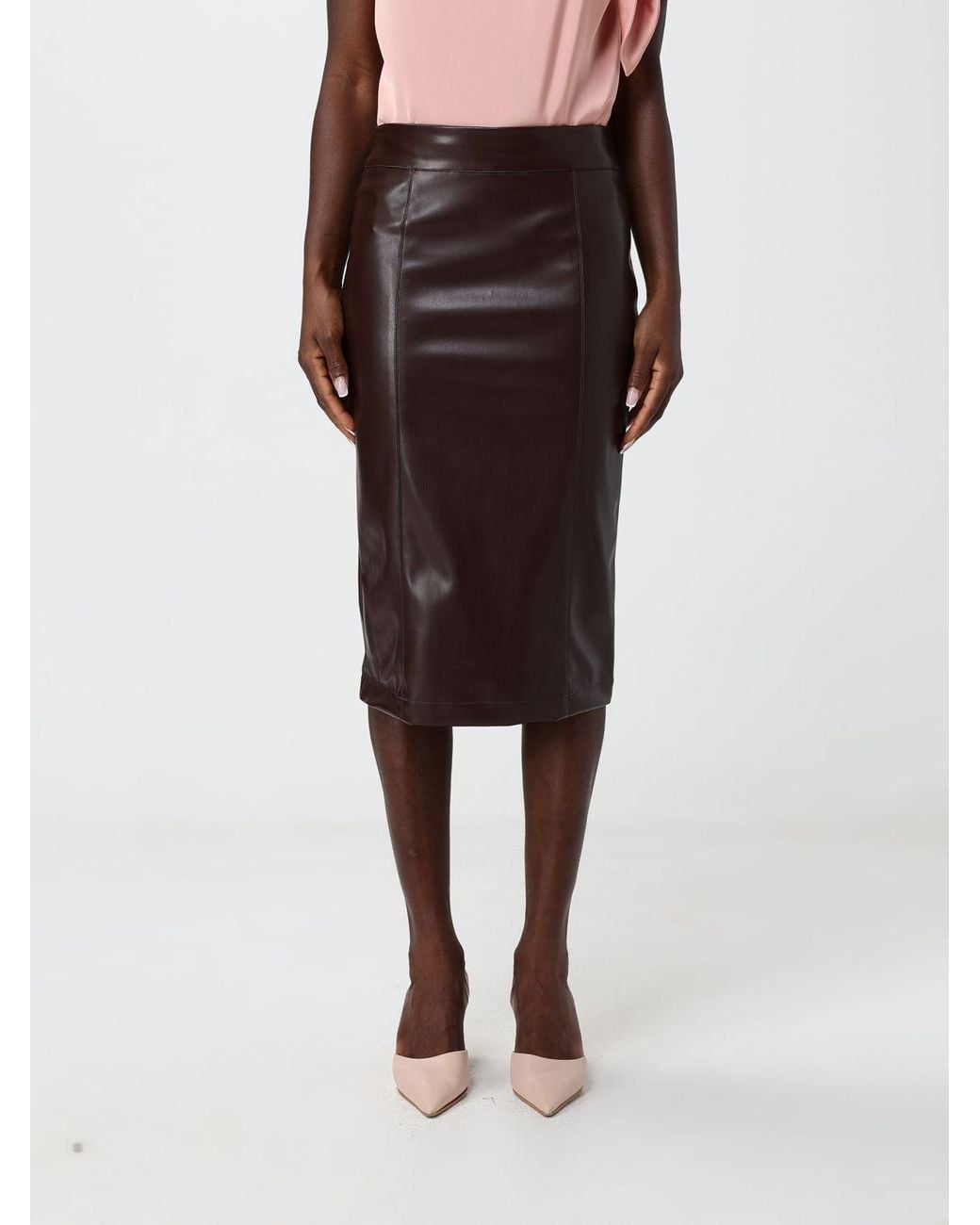 Hanita Brown High-Waisted Smooth Faux Leather Midi Pencil Skirt