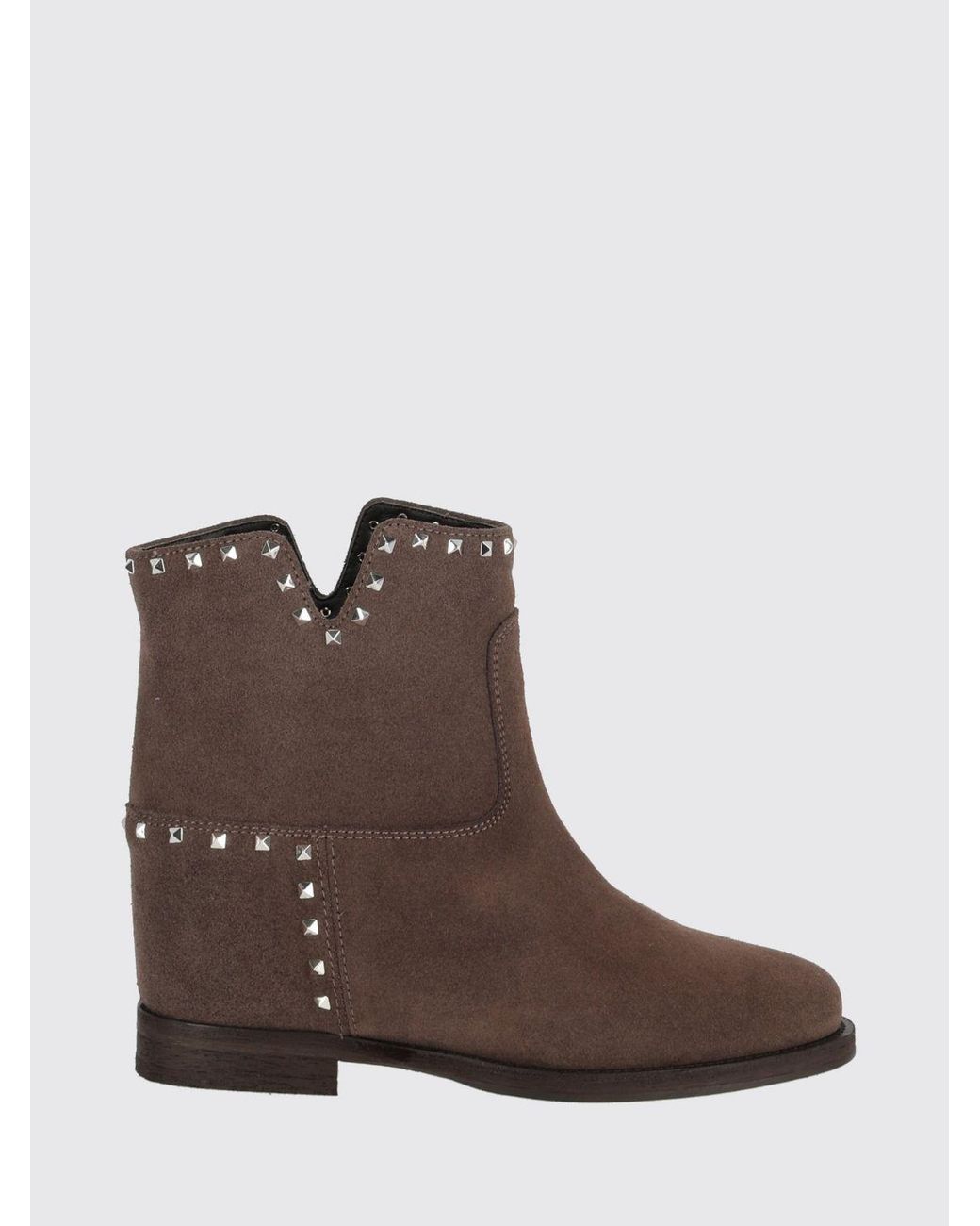 Via Roma 15 Brown Studded And Embroidered Leather Ankle Boots With Low Heel