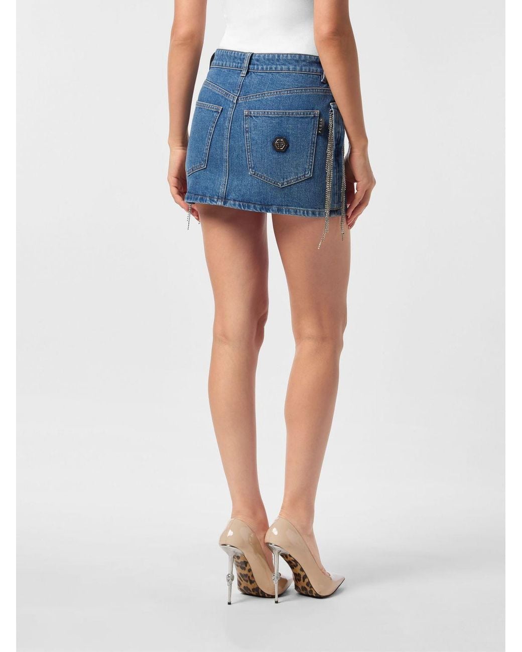 Philipp Plein Blue Cotton Pencil Mini Skirt With Rhinestones And Hexagon Logo