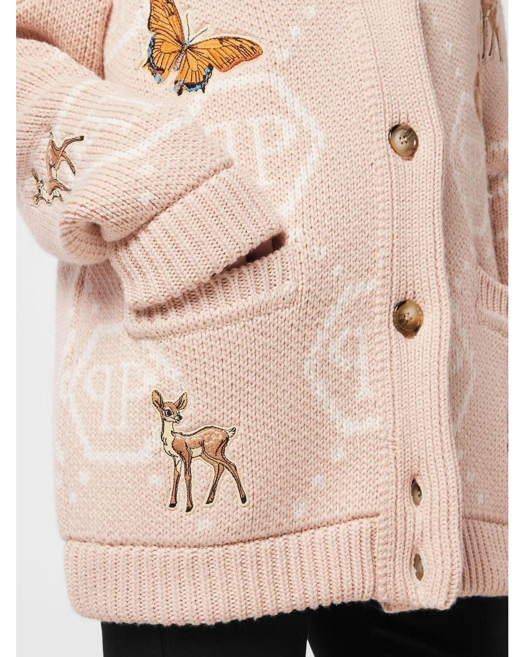 Philipp Plein Natural Fairy Jacquard Monogram Wool Blend V-Neck Cardigan