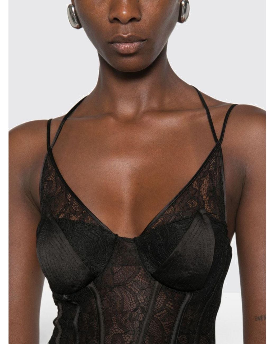 Elisabetta Franchi Black Lace Midi Slip Dress With V-Neck And Thin Straps