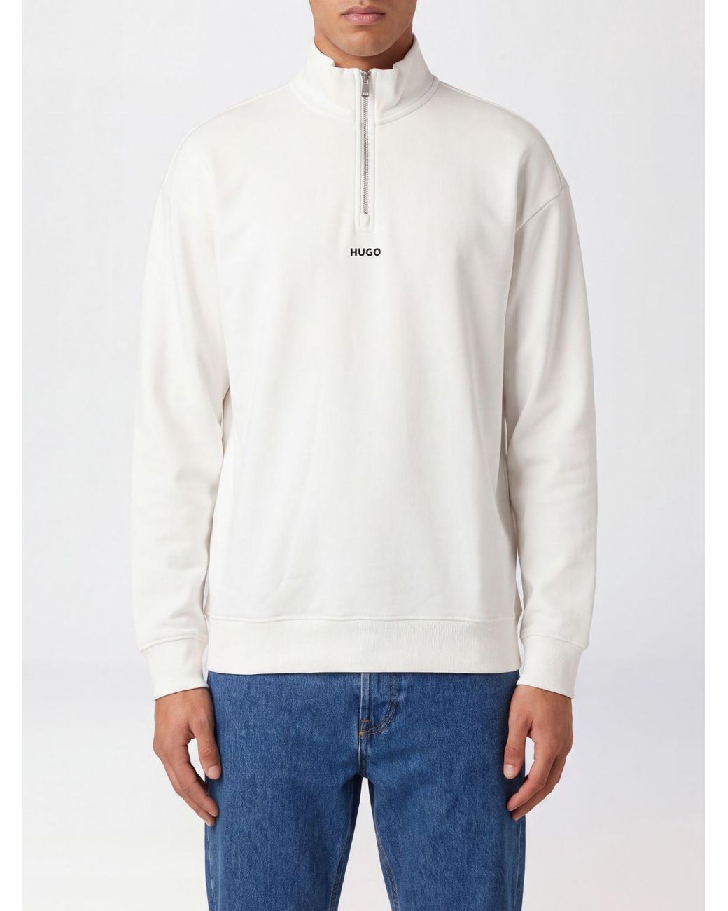 HUGO White Cotton High-Neck Half-Zip Sweatshirt With Contrast Logo for men