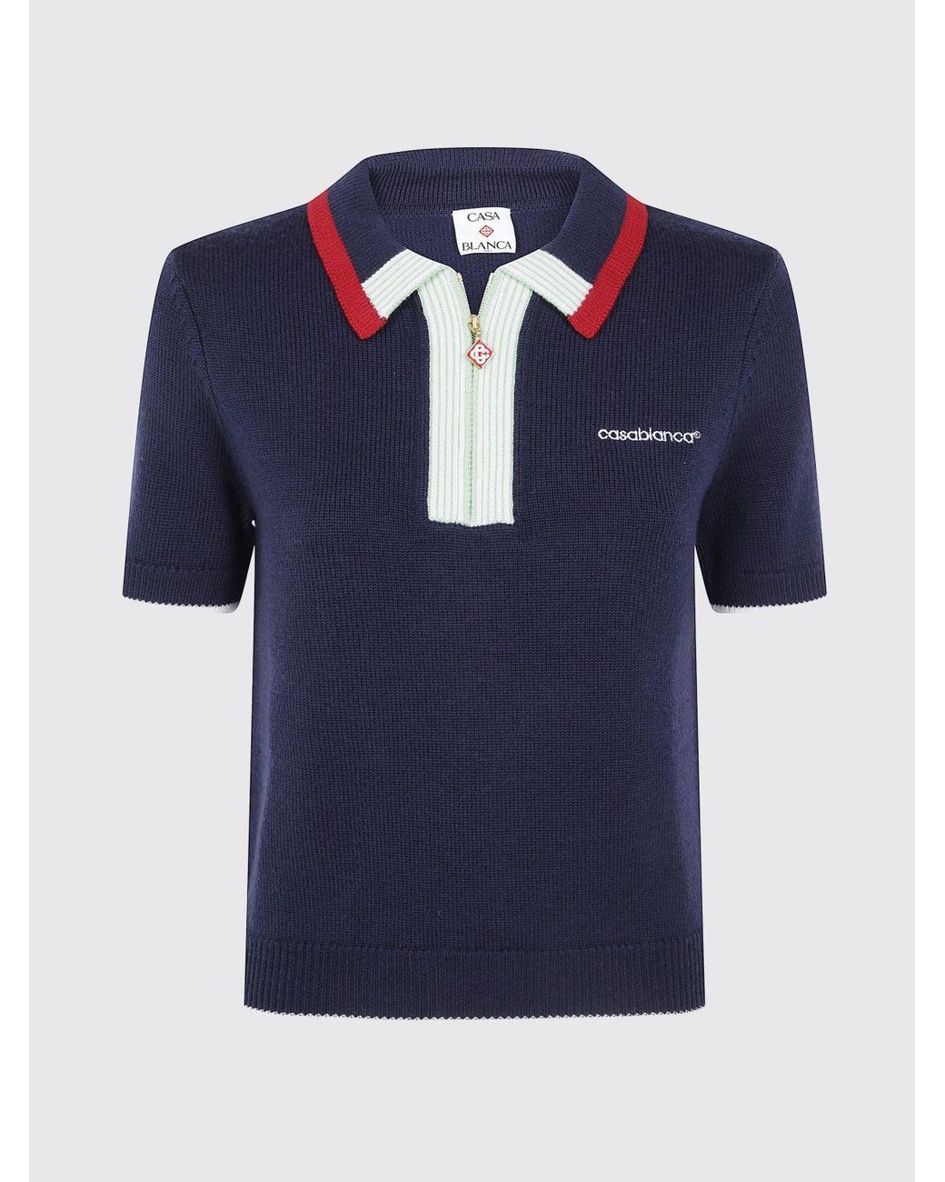 Casablanca Blue Wool Knit Polo Shirt With Zip And Contrast Trims
