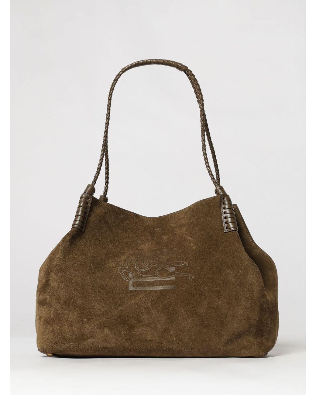 Etro Brown Libra Suede Shoulder Bag With Pegaso Logo And Braided Handles