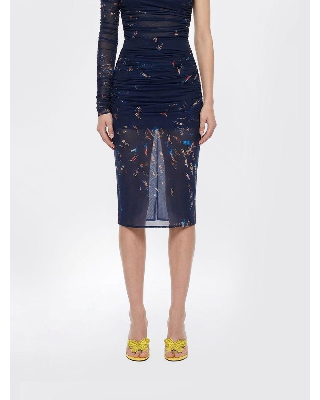 Blumarine Blue Printed Nylon Midi Skirt