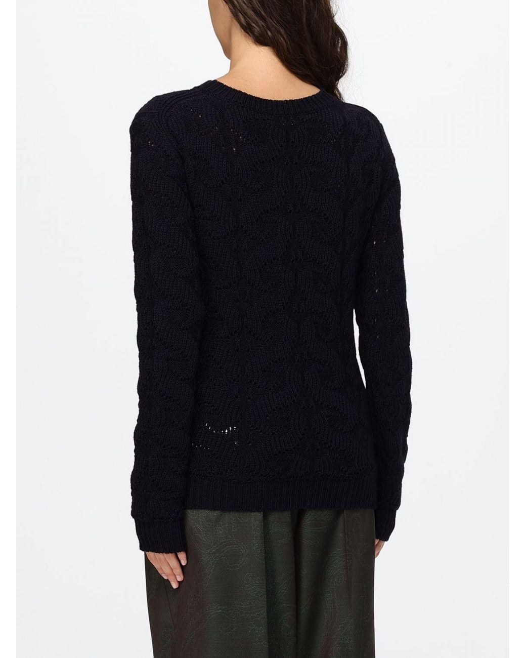 Etro Blue Crewneck Wool Blend Jumper With Ribbed Trims