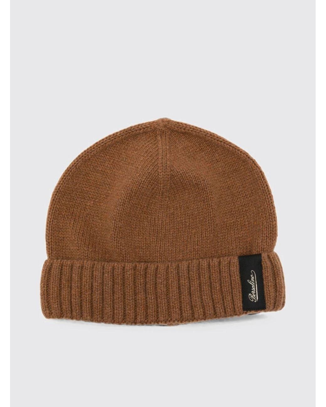 Borsalino Brown Cashmere Beanie Hat With Cuffed Brim And Logo Patch