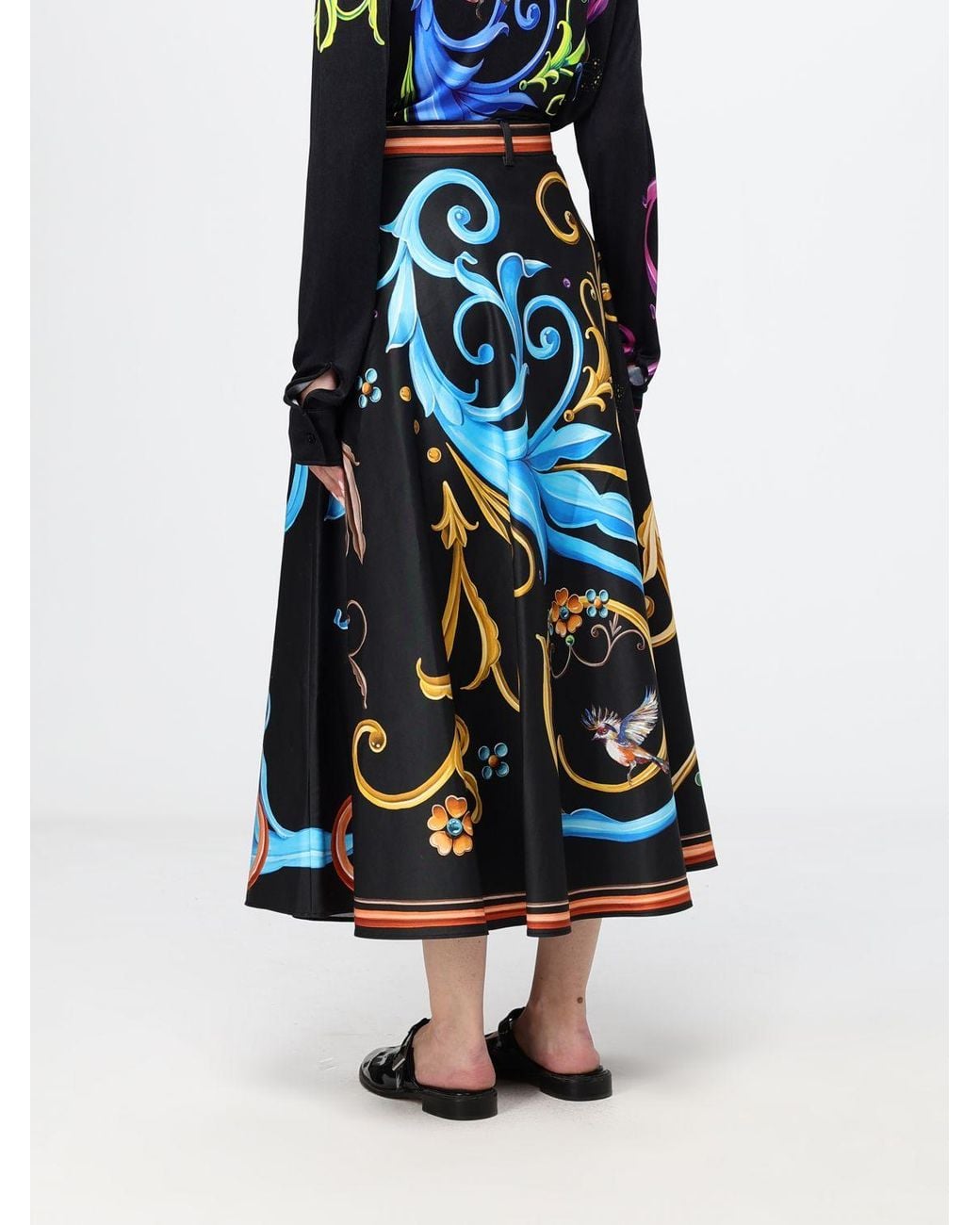 Moschino Couture White High-Waisted Baroque Print Cotton Full Midi Skirt