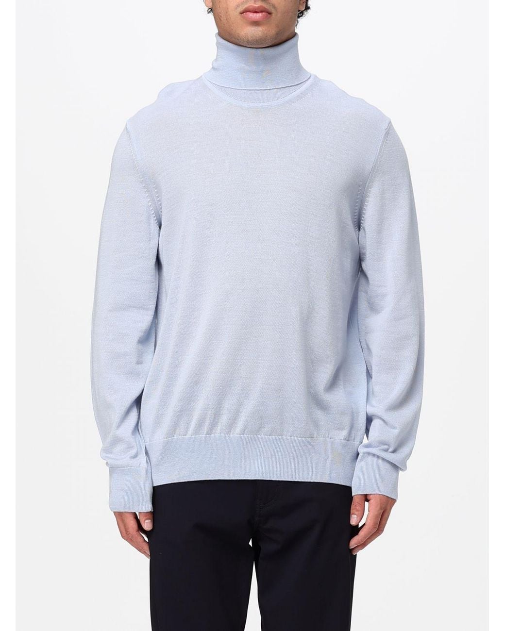 Boss Blue Virgin Wool Turtleneck Jumper With Ribbed Trims for men