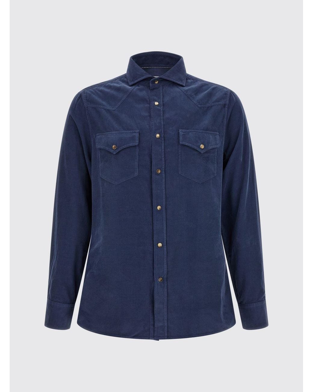 Brunello Cucinelli Blue Slim Fit Velvet Shirt With French Collar And Pockets for men