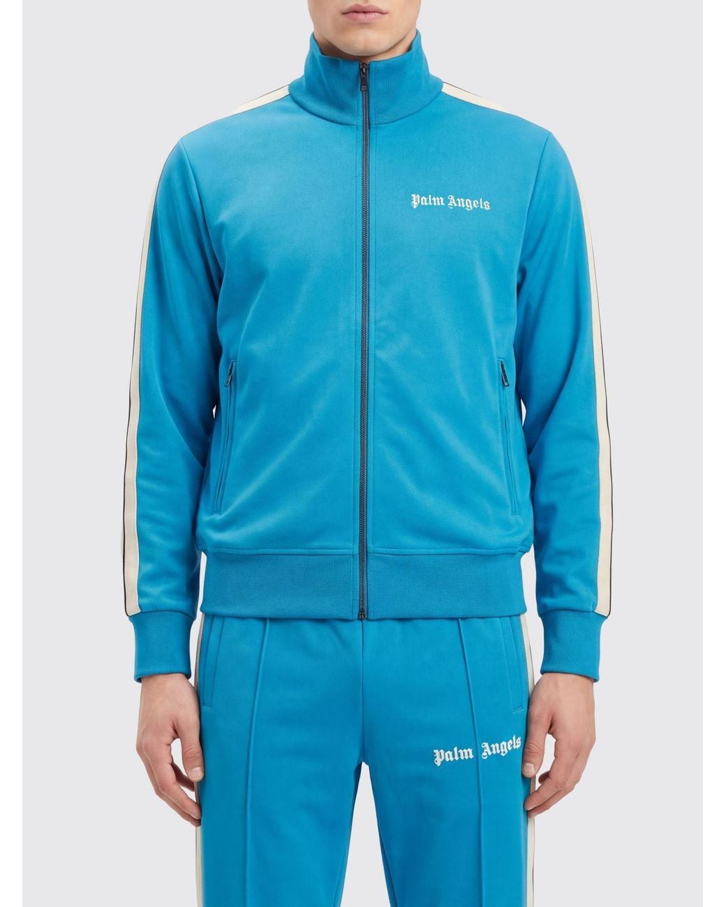 Palm Angels Blue Technical Fabric Track Jacket With High Neck And Contrast Logo for men