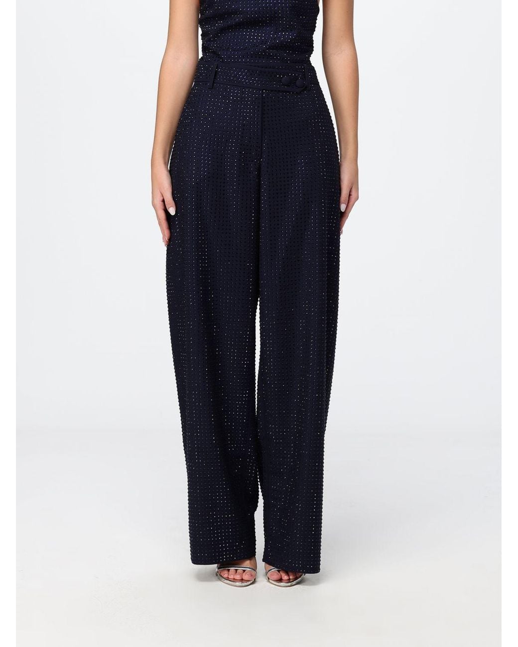 Pinko Blue High-Waisted Wide Leg Crêpe Trousers With Rhinestone Applications