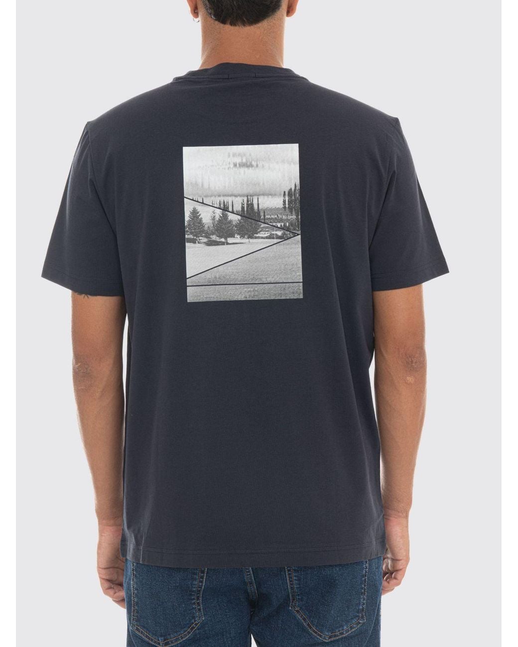 Boss Blue Cotton T-Shirt With Contrasting Graphic Print And Logo for men