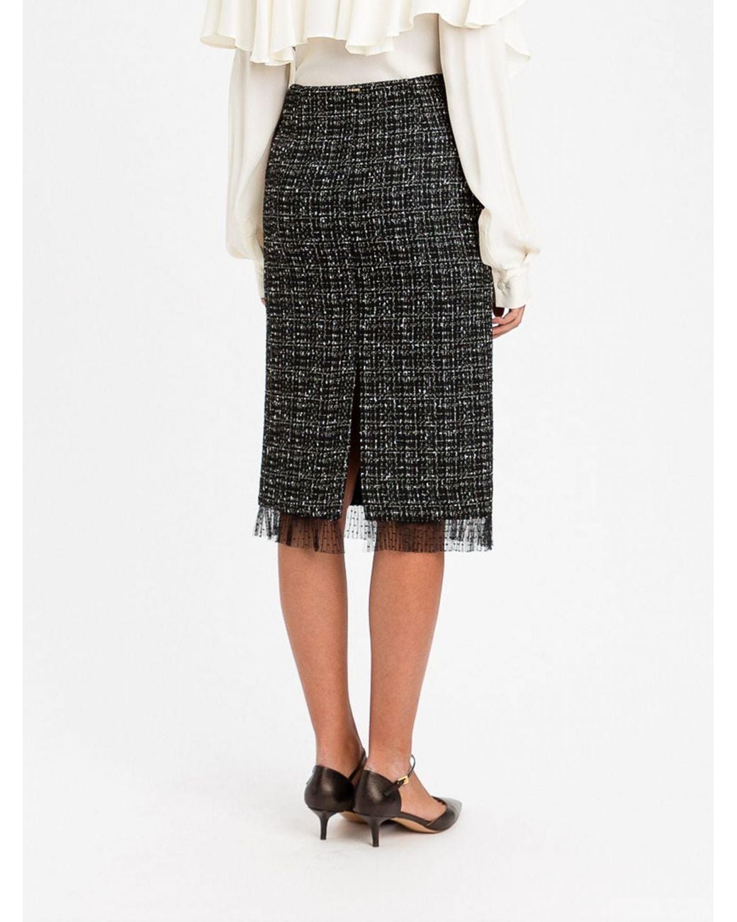 Twinset Black Tweed Pencil Midi Skirt With Back Slit