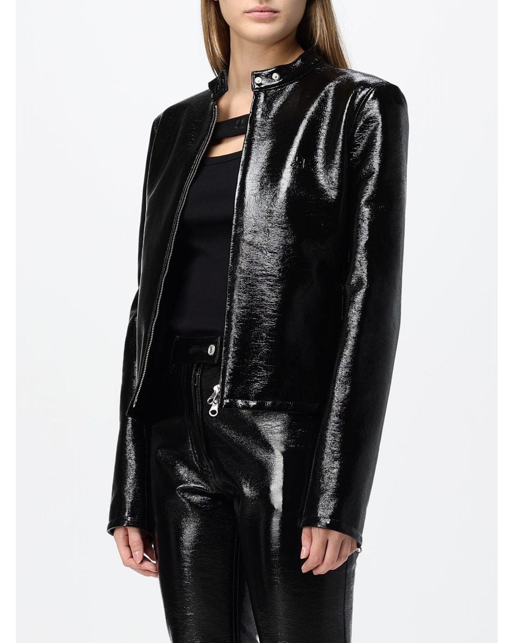 Courreges Black CourrÈ Ges Faux Leather Biker Jacket With High Neck And Zip Closure