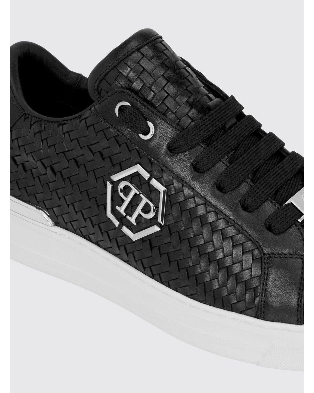 Philipp Plein White Woven Leather Low-Top Sneakers With Hexagon Logo for men