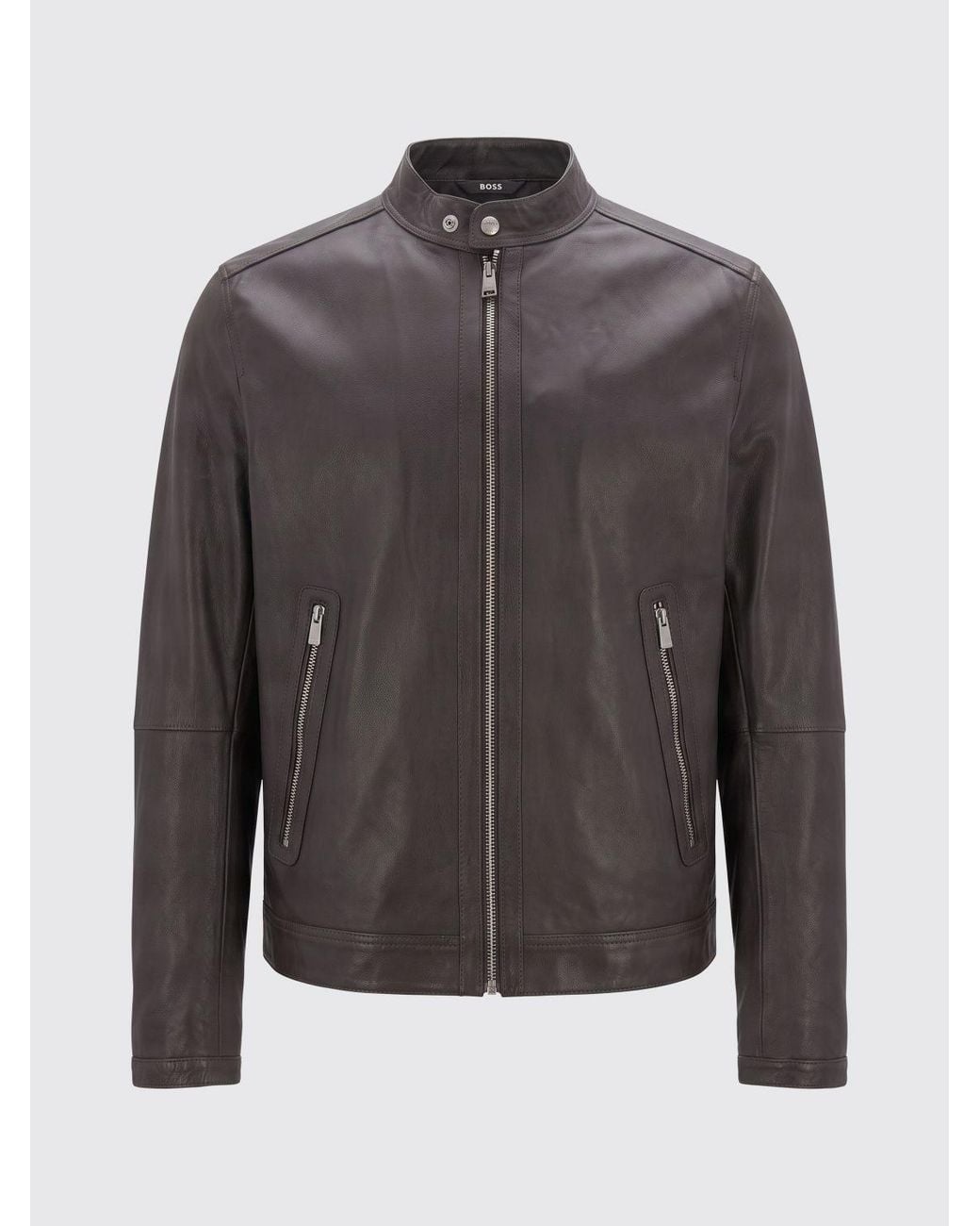 Boss Gray Short Leather Biker Jacket With Biker Collar And Metal Zip Closures for men