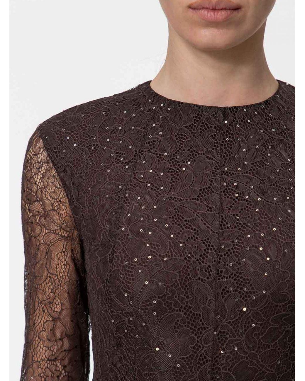 Twinset Brown Sequin-Embroidered Lace Midi Ceremony Dress