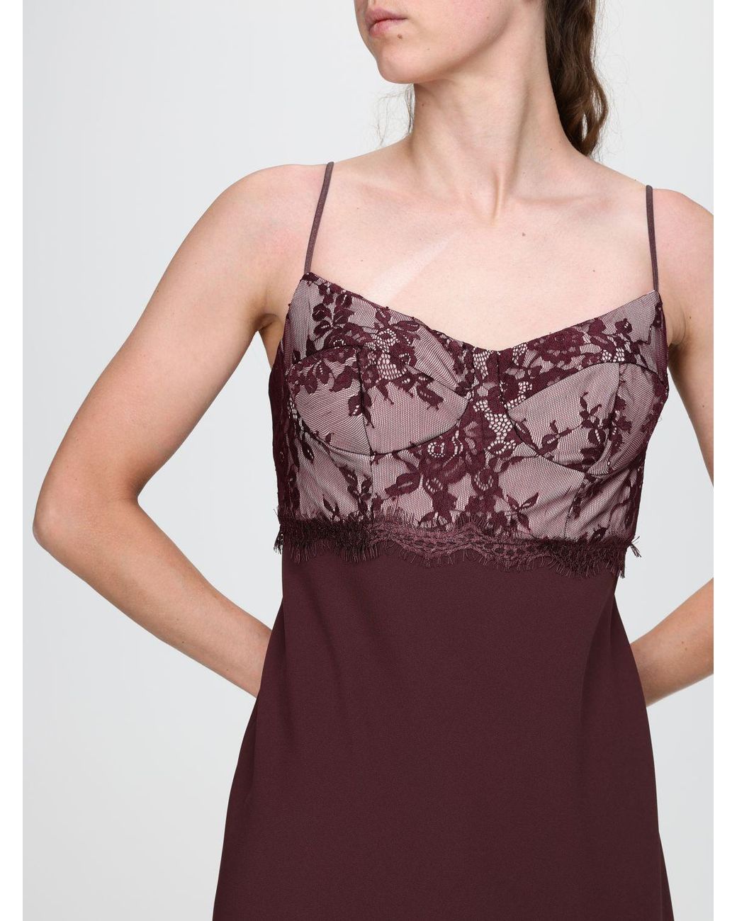 Hanita Purple Crêpe Sheath Midi Dress With Lace Inserts And V-Neck