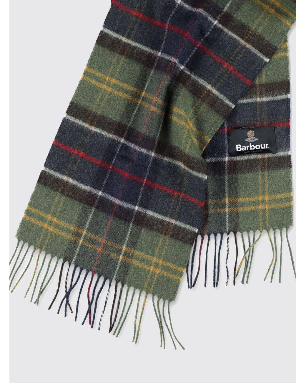 Barbour Green Tartan Pattern Wool And Cashmere Blend Scarf With Fringed Hem for men