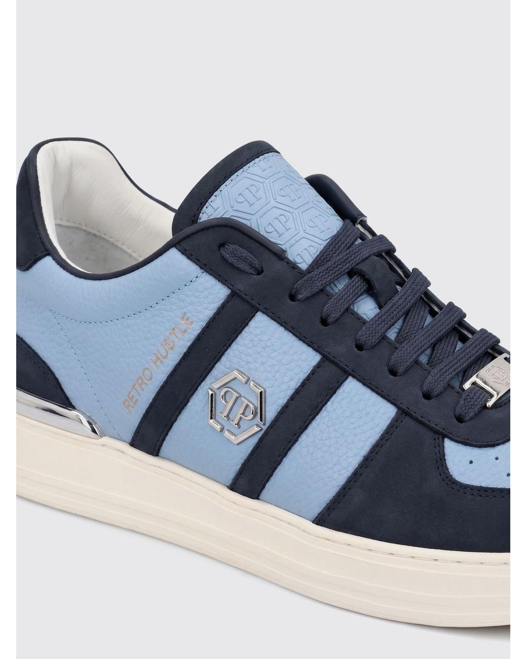 Philipp Plein Blue Low-Top Leather Trainers With Hexagon Logo And Round Toe for men