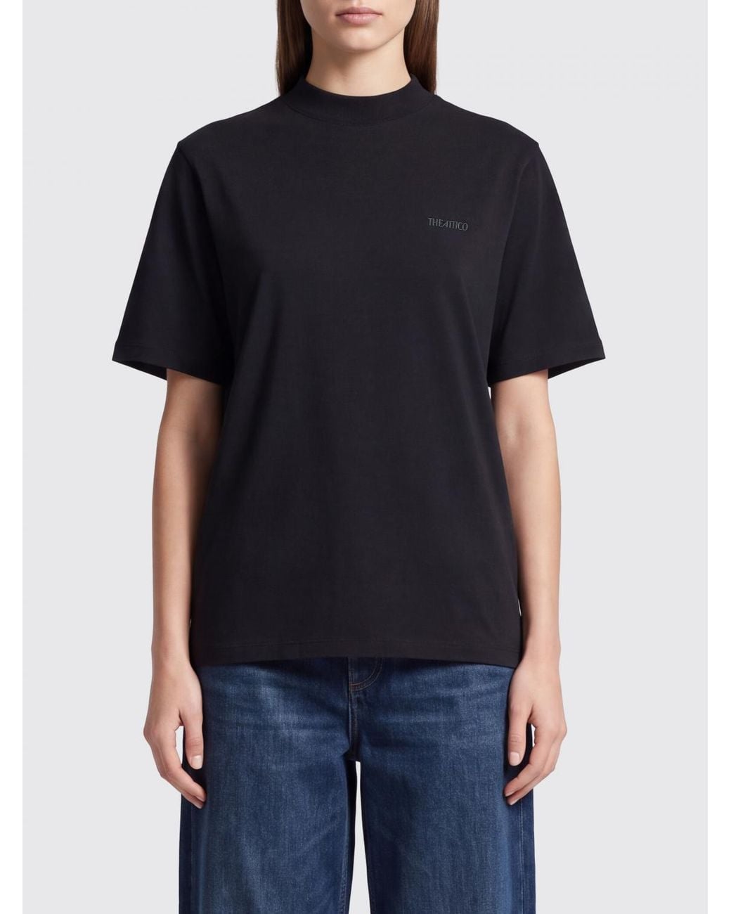 The Attico Black Cotton Crewneck T-Shirt With Dropped Shoulders And Tone-On-Tone Logo