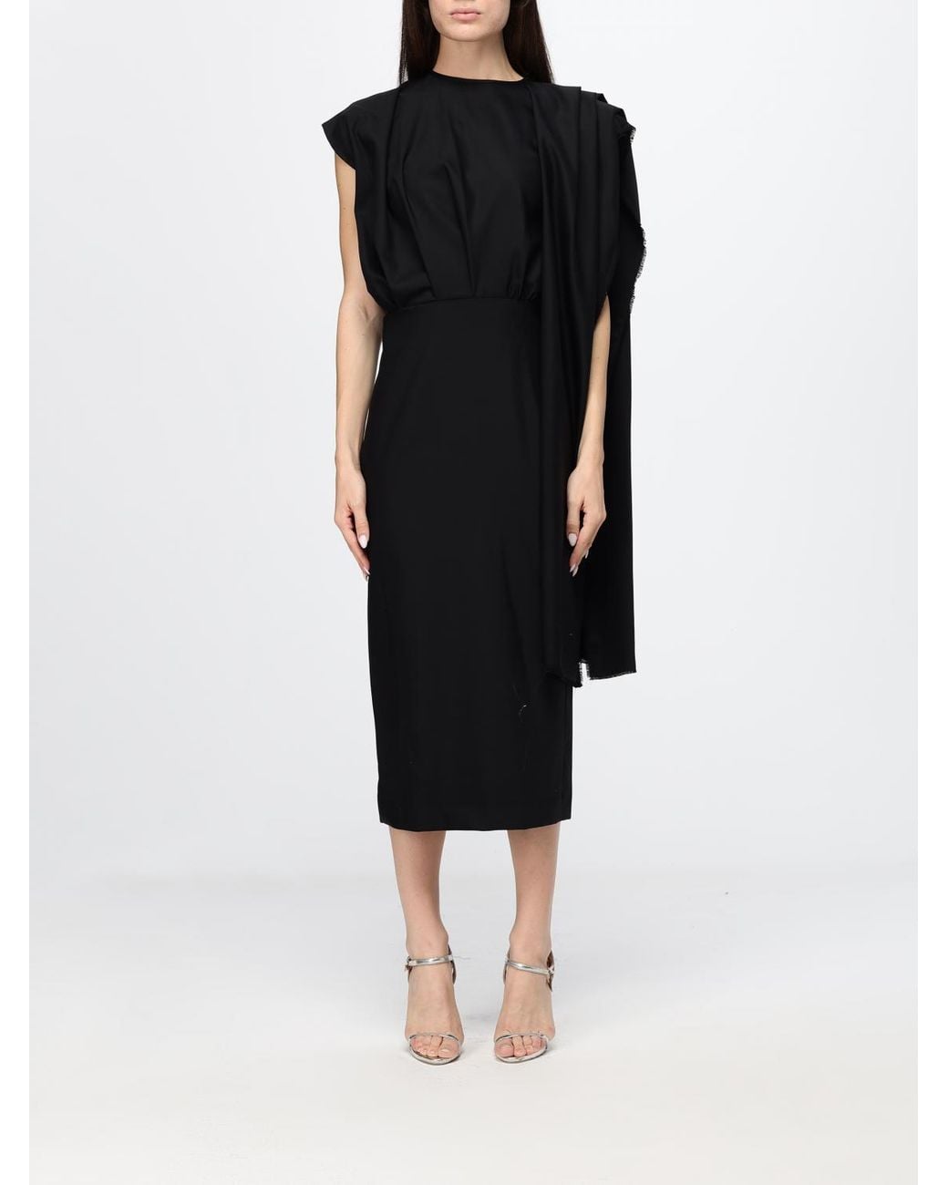 Crida Milano Black Laura Asymmetric One-Shoulder Wool Midi Ceremony Dress