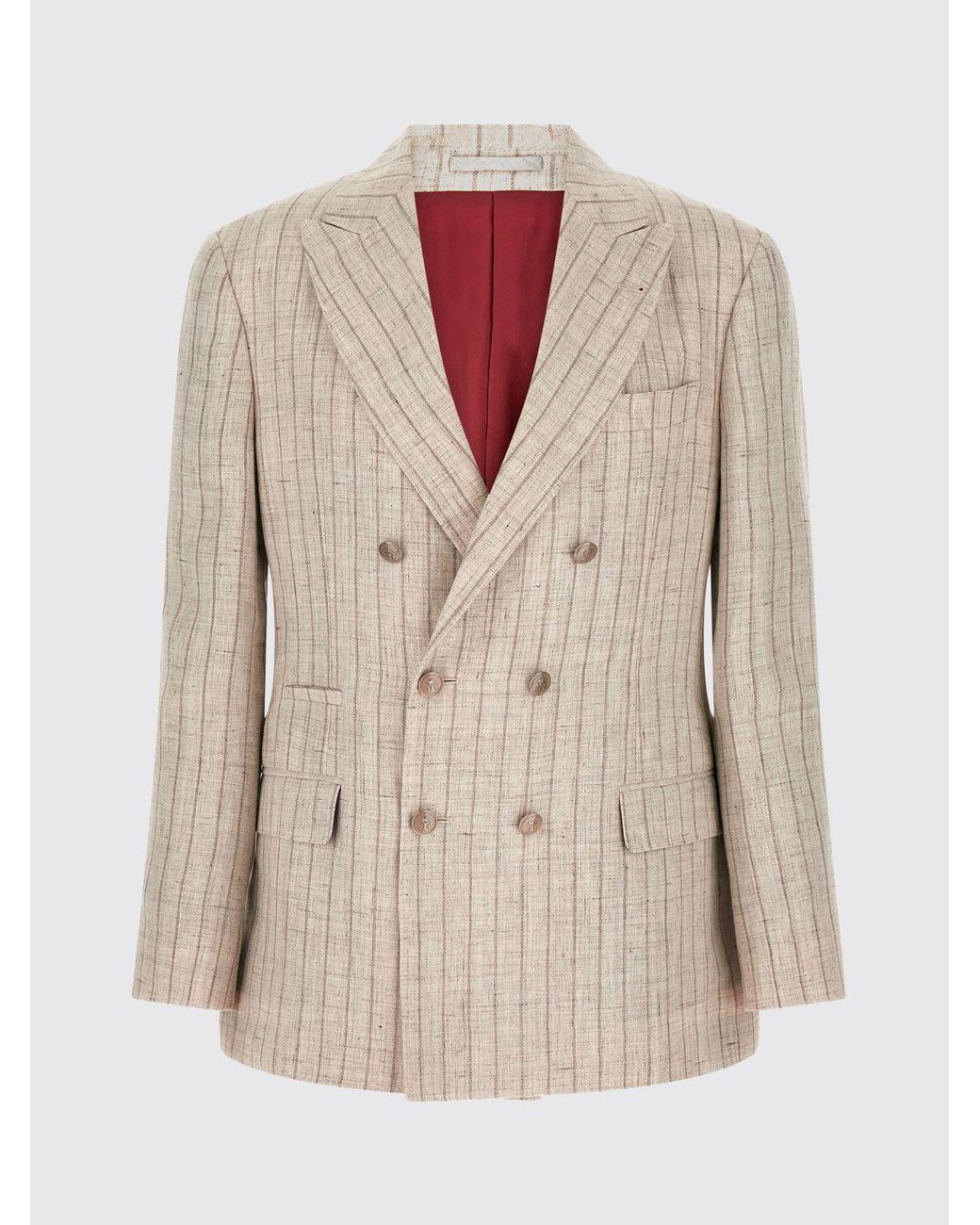 Brunello Cucinelli Natural Striped Double-Breasted Linen Blazer With Peak Lapels for men