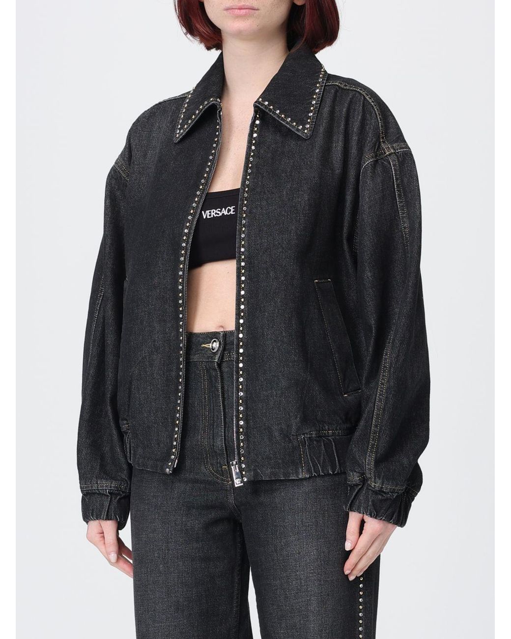 Chaqueta Vaquera Con Pedrería Versace de color Black