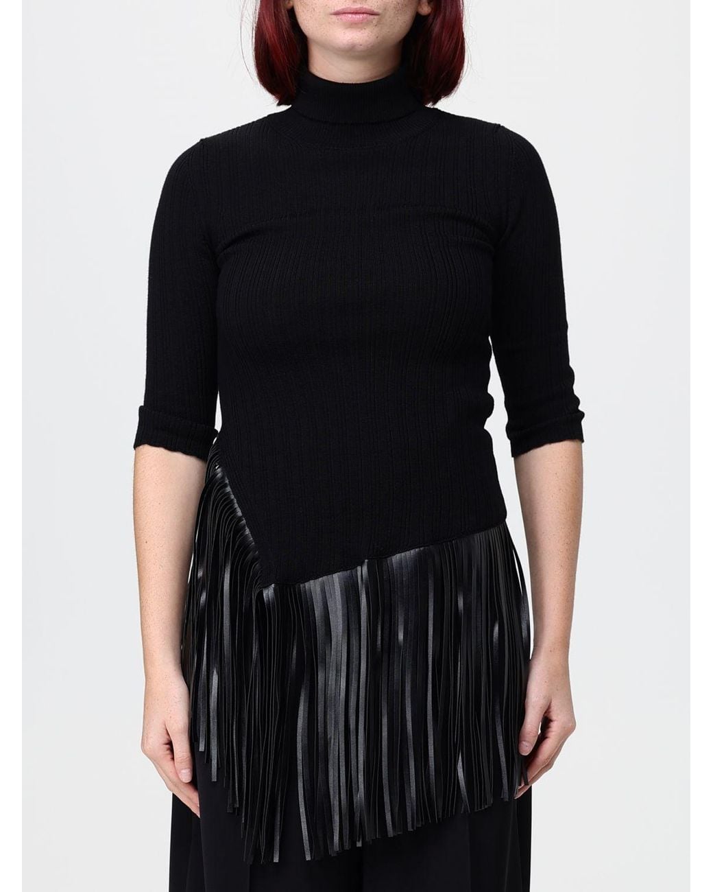 SIMONA CORSELLINI Black Ribbed Wool Short-Sleeved Turtleneck With Fringes
