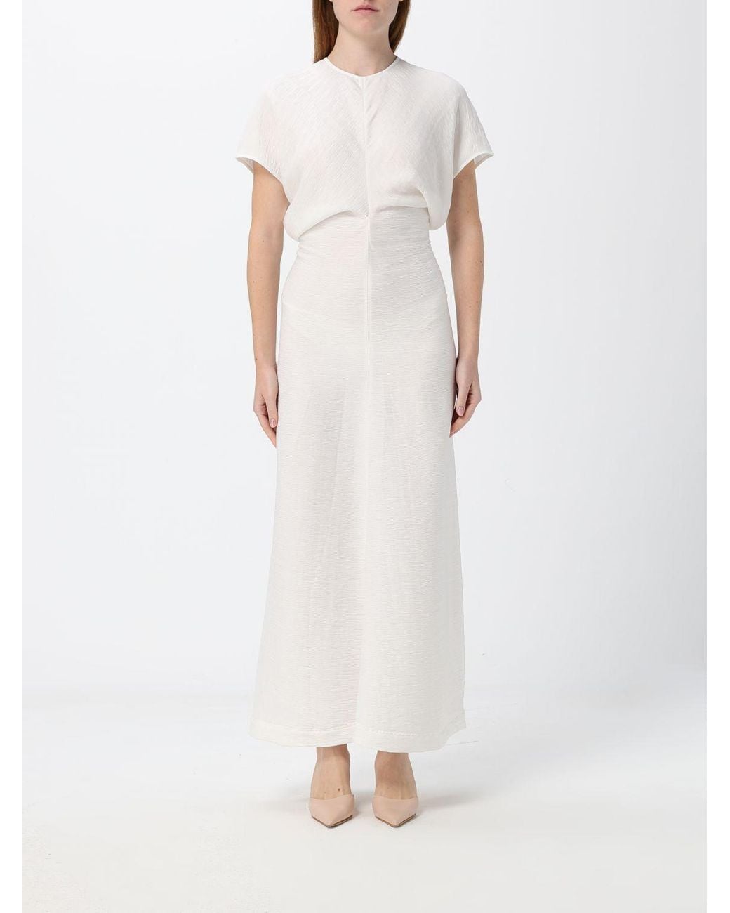 Totême White Draped Viscose Sheath Midi Dress With Short Sleeves