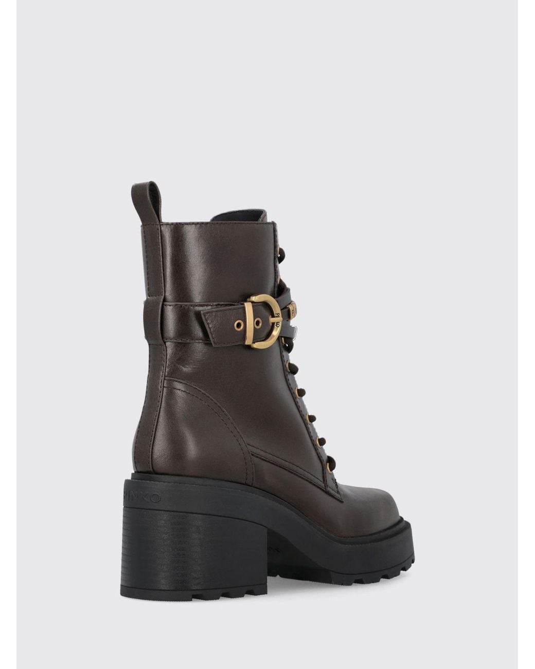 Pinko Brown Altea Leather Combat Boots With Lug Sole And Medium Heel