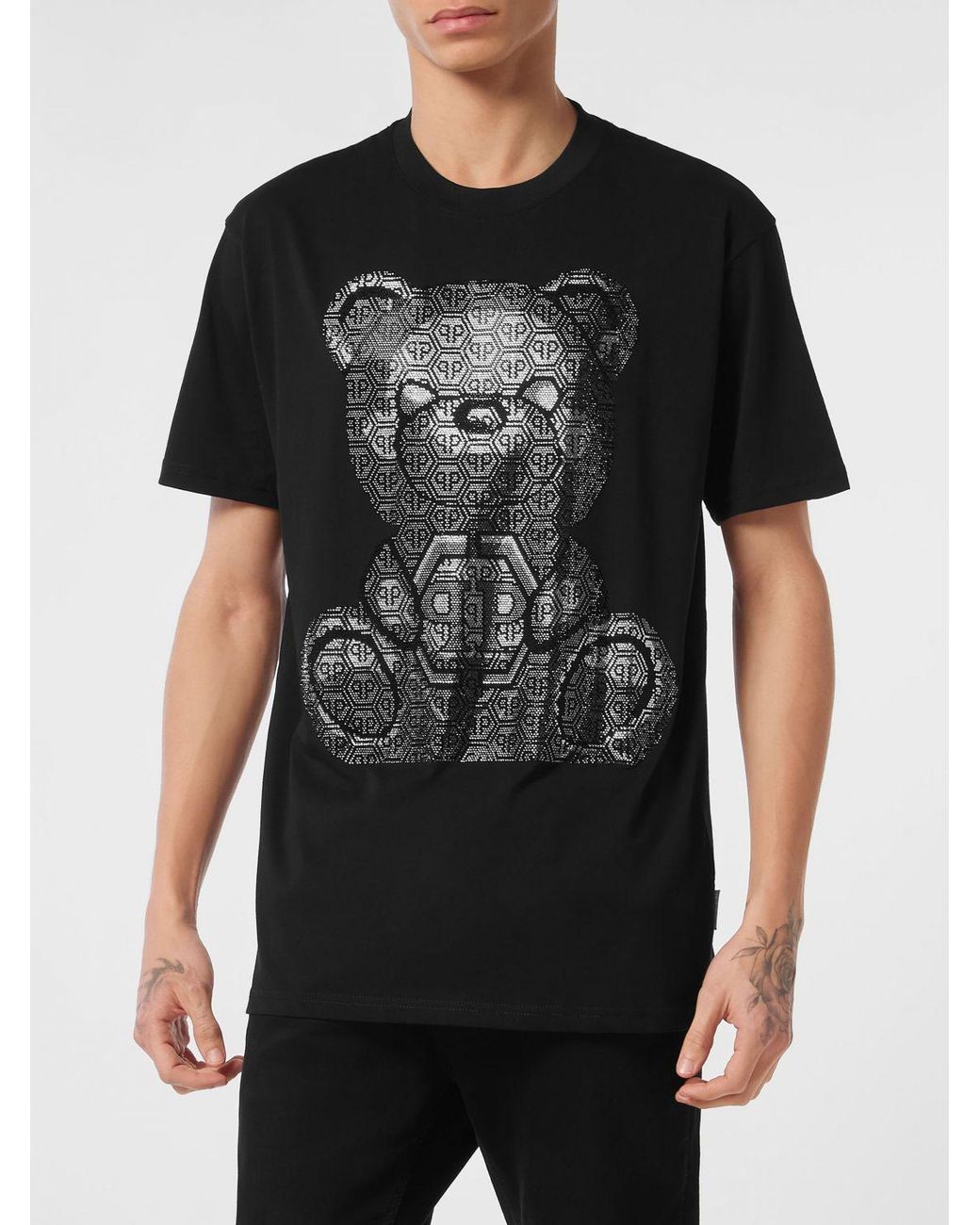 Philipp Plein Black Cotton T-Shirt With Teddy Bear Print And Hexagon Logo for men