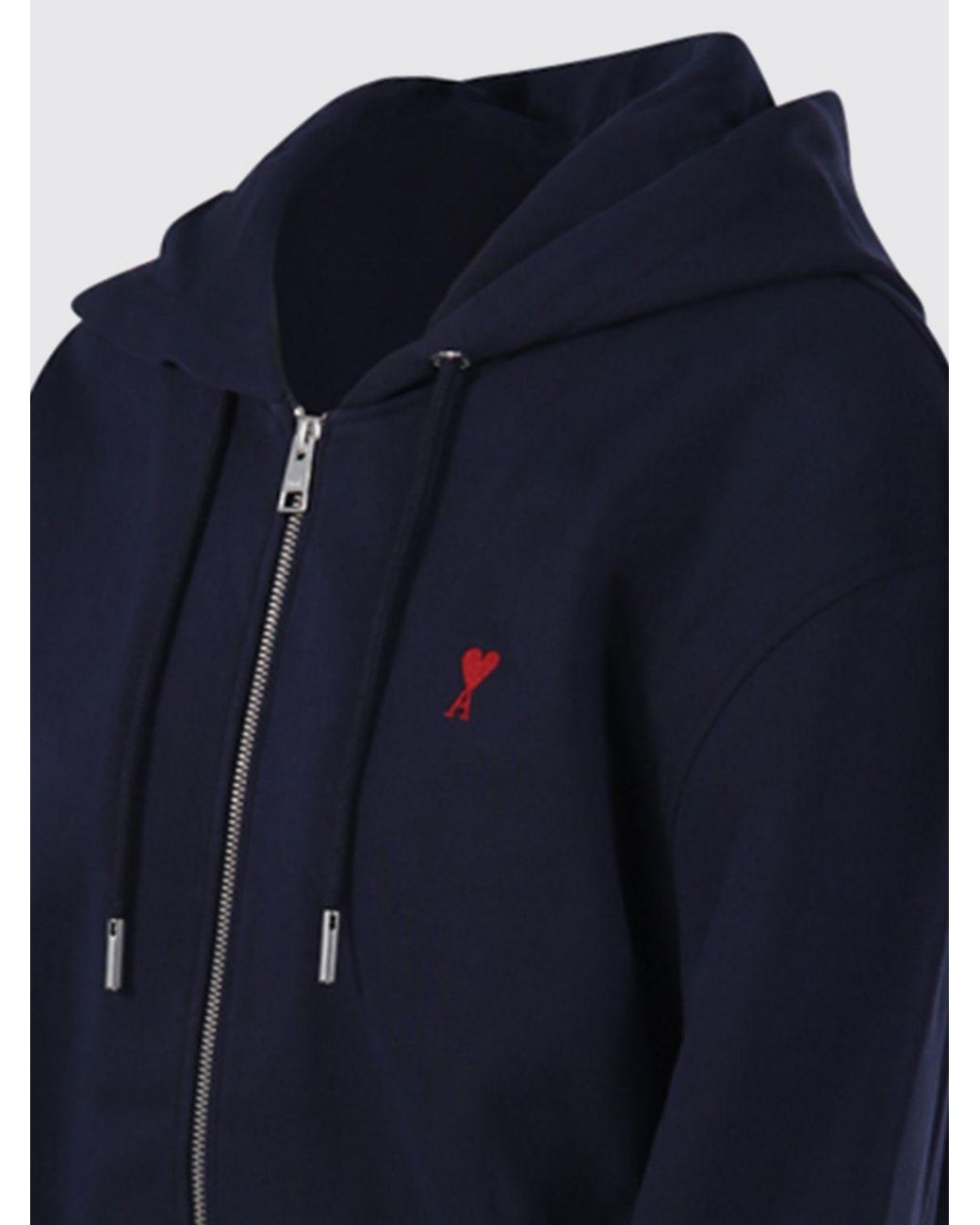 AMI Blue Cotton Zip-Up Hoodie With Embroidered Logo And Kangaroo Pocket