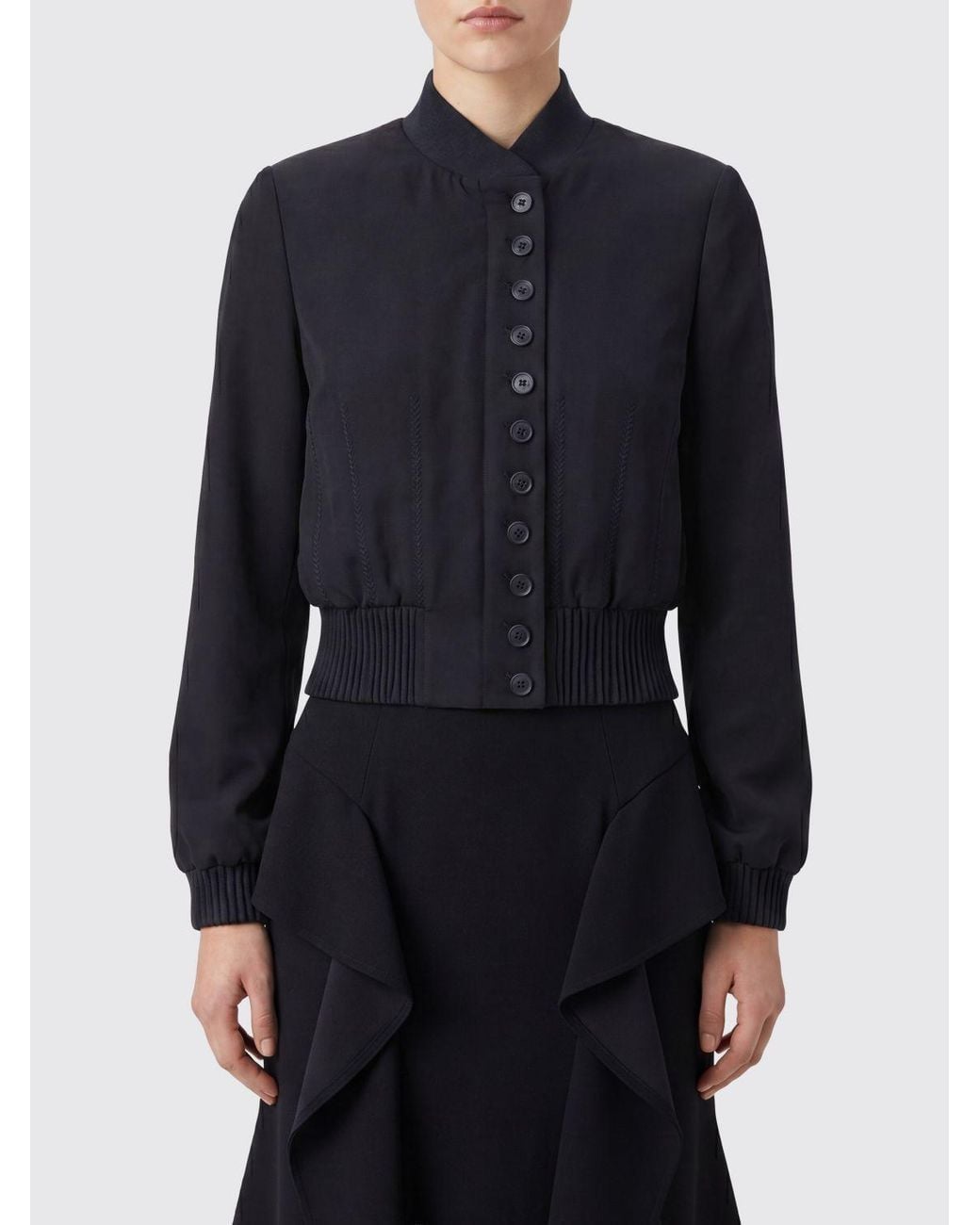 McQueen Blue Asymmetric Pure Silk Bomber Jacket Alexander With Button Closure