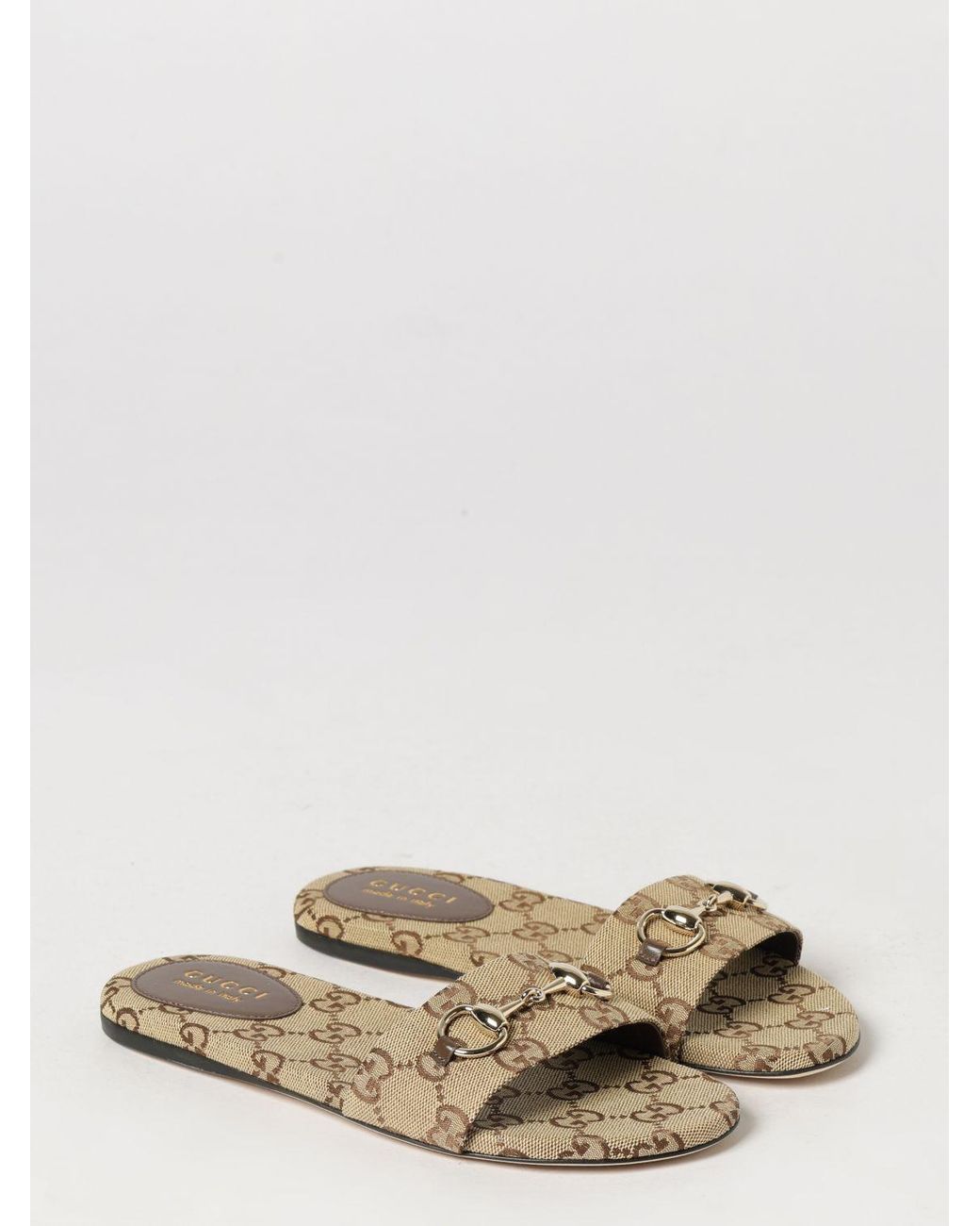 Gucci Natural Gg Jacquard Fabric Mule Sandals With Horsebit Detail