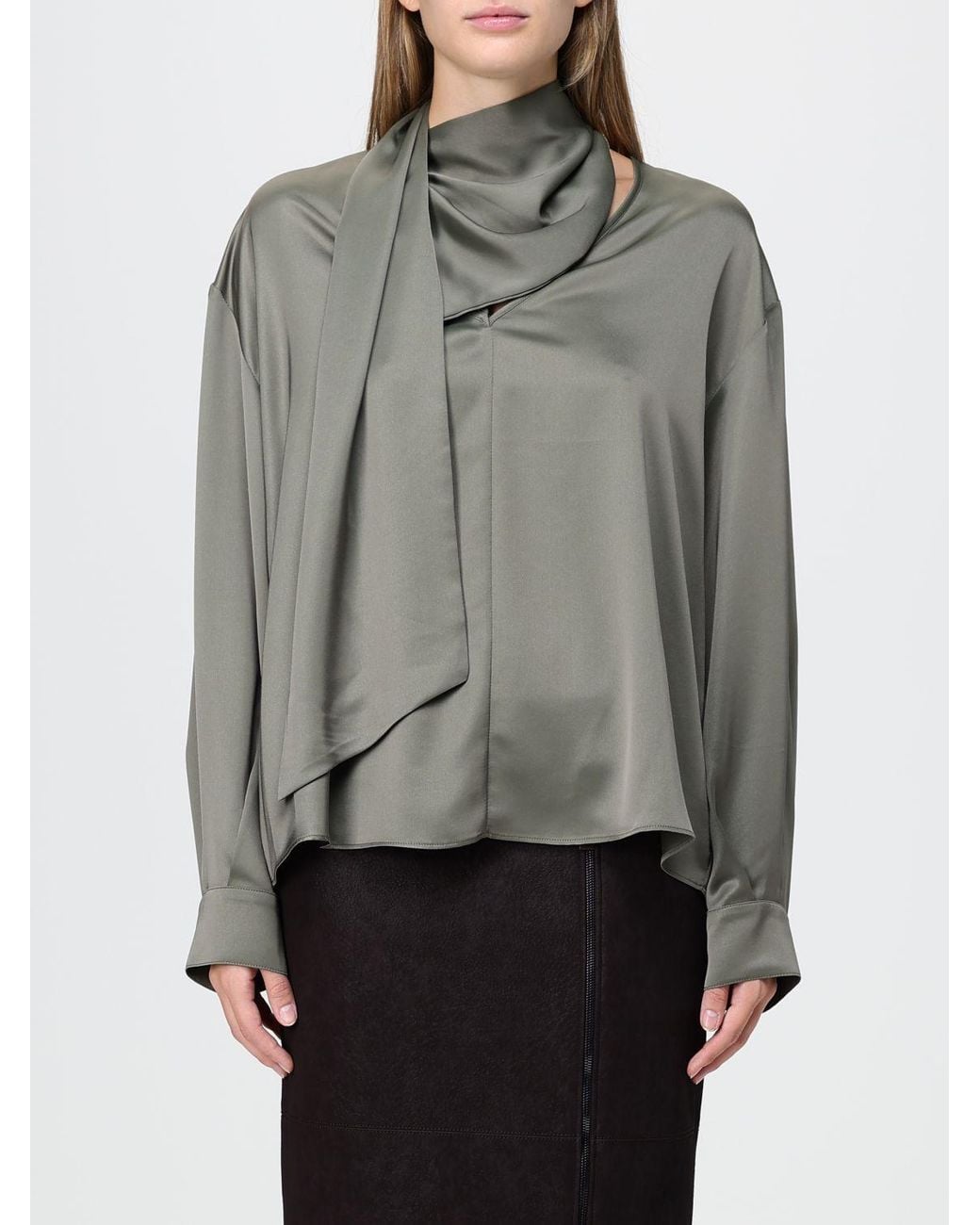 Pinko Gray Satin Blouse With Pussy-Bow Neck, Long Sleeves And Dropped Shoulders