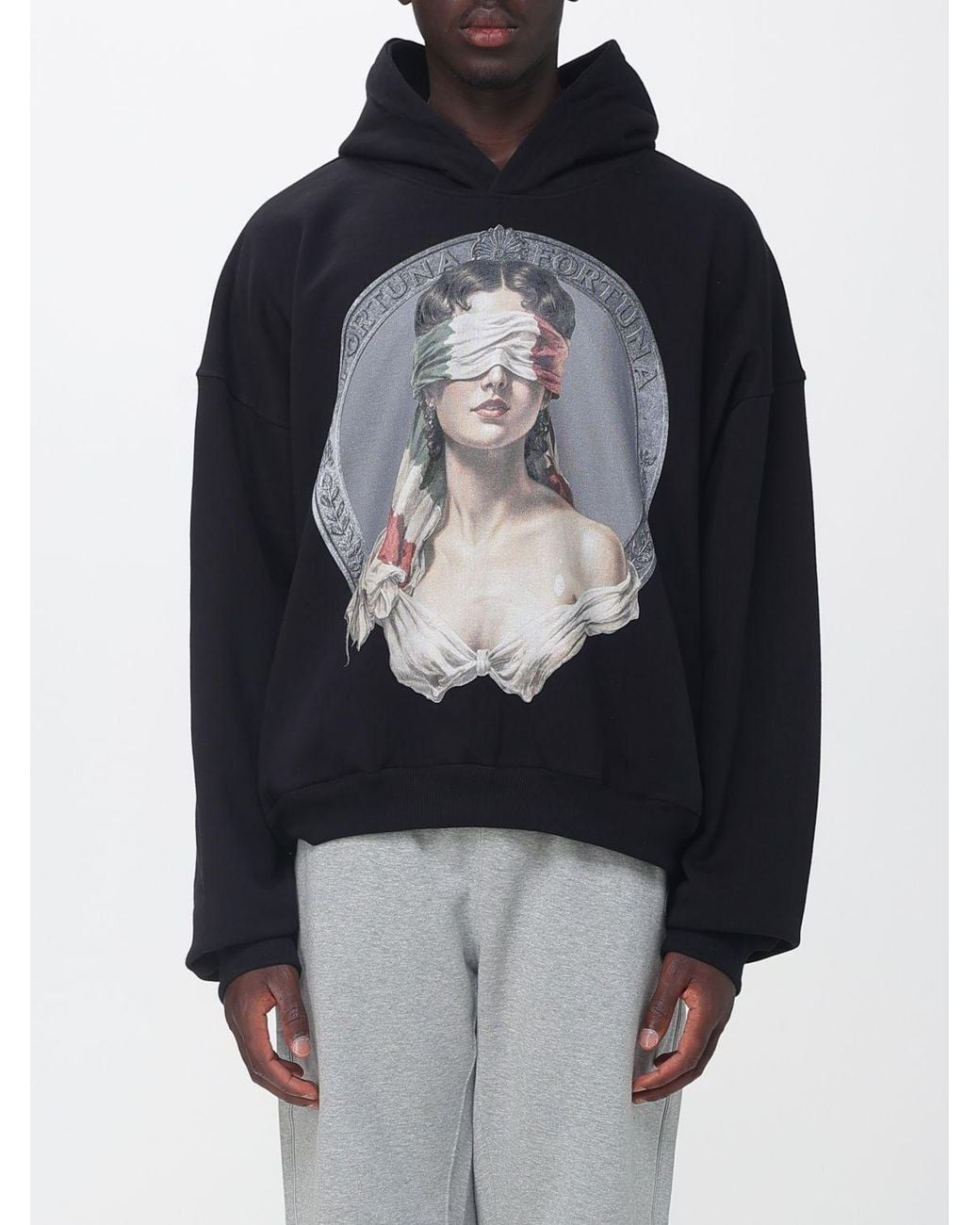 PDF Black Relaxed Fit Cotton Hoodie With Front Graphic Print for men