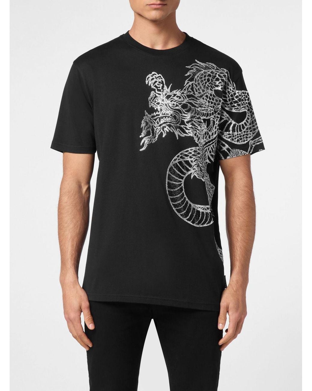 Philipp Plein Black Cotton Jersey T-Shirt With Rhinestone Logo And Crew Neck for men