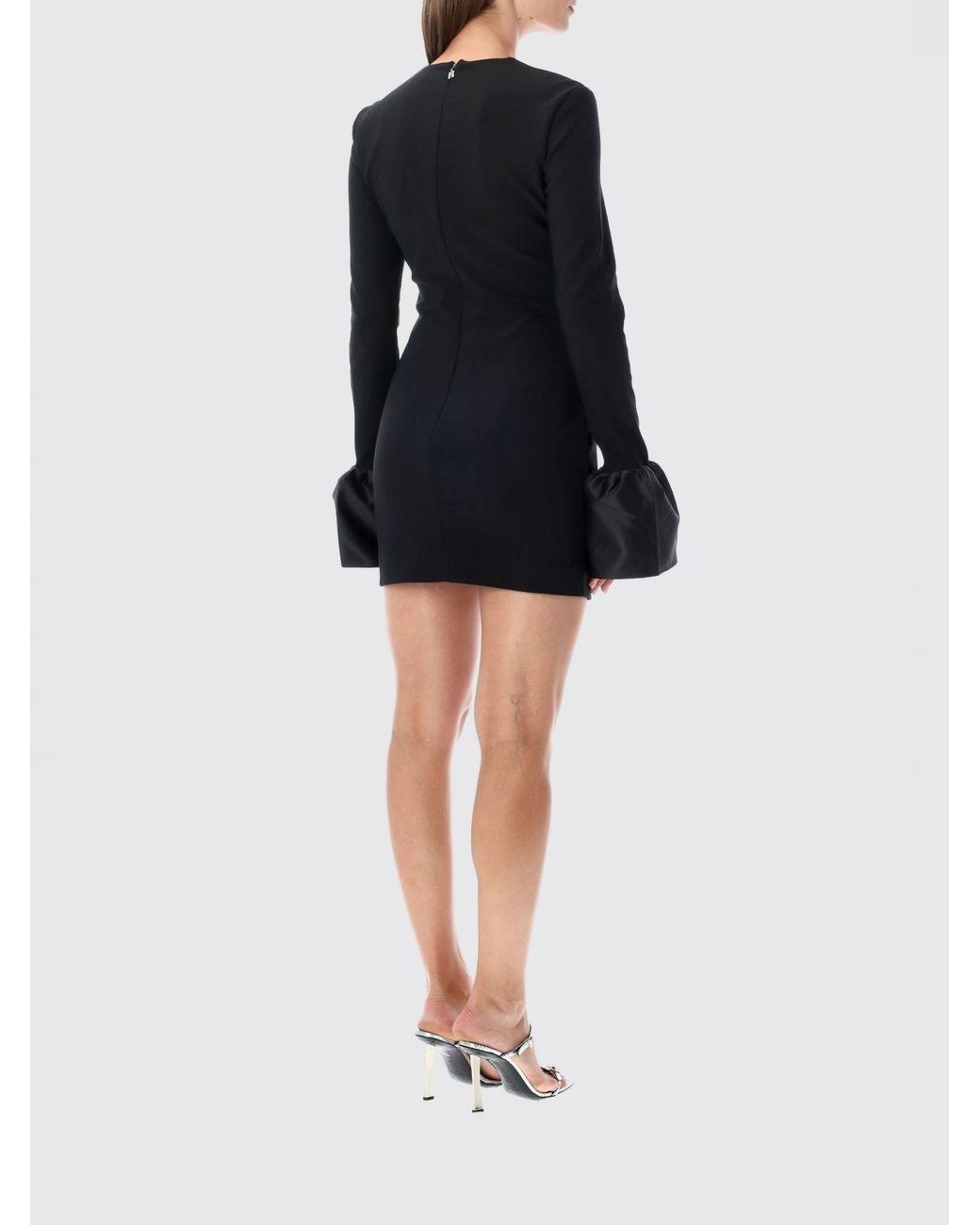 ROTATE BIRGER CHRISTENSEN Black Slim Fit Crêpe Sheath Mini Dress With Floral Appliqué And Long Sleeves