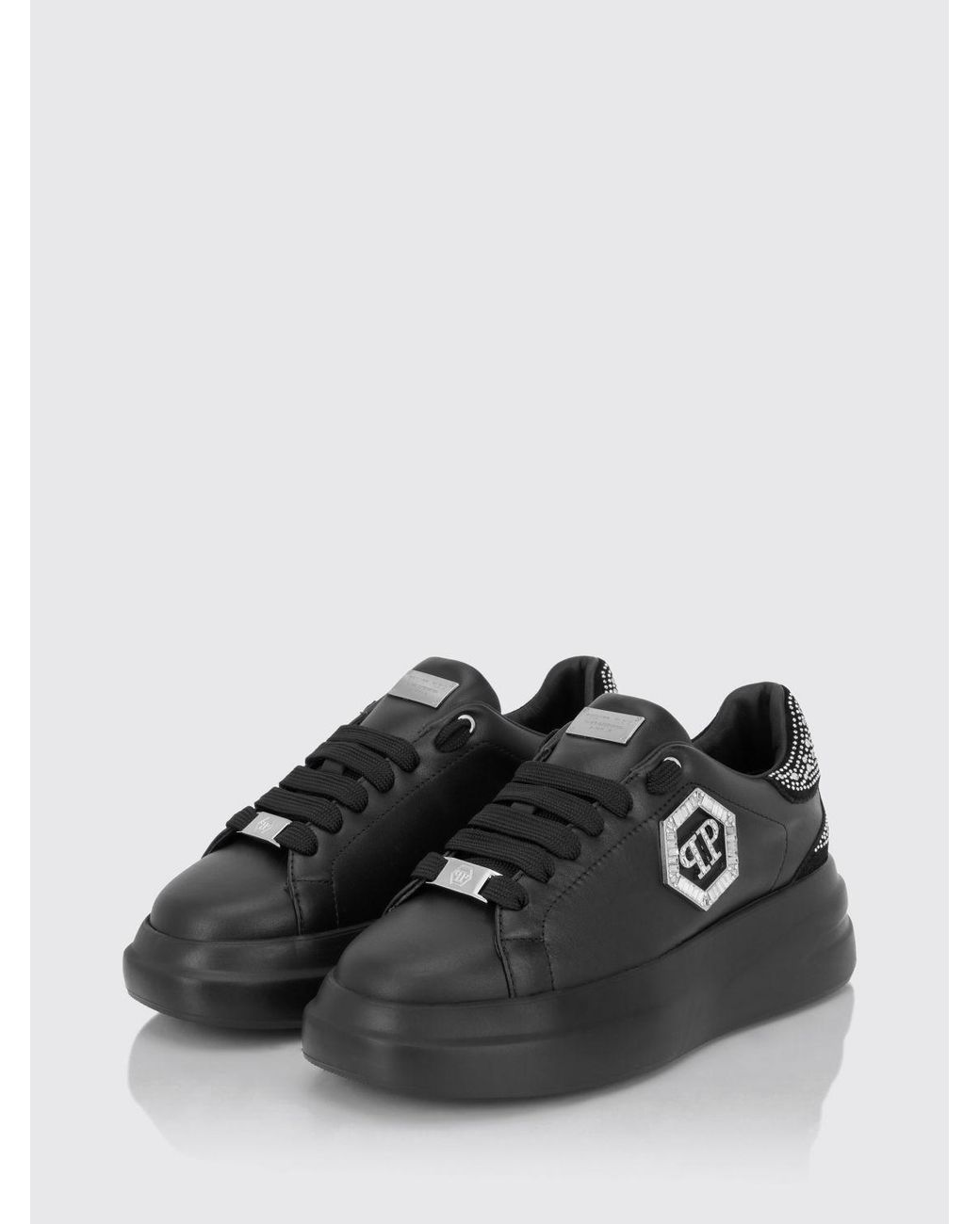 Philipp Plein Black Leather Chunky Sneakers With Hexagon Logo And Rhinestones